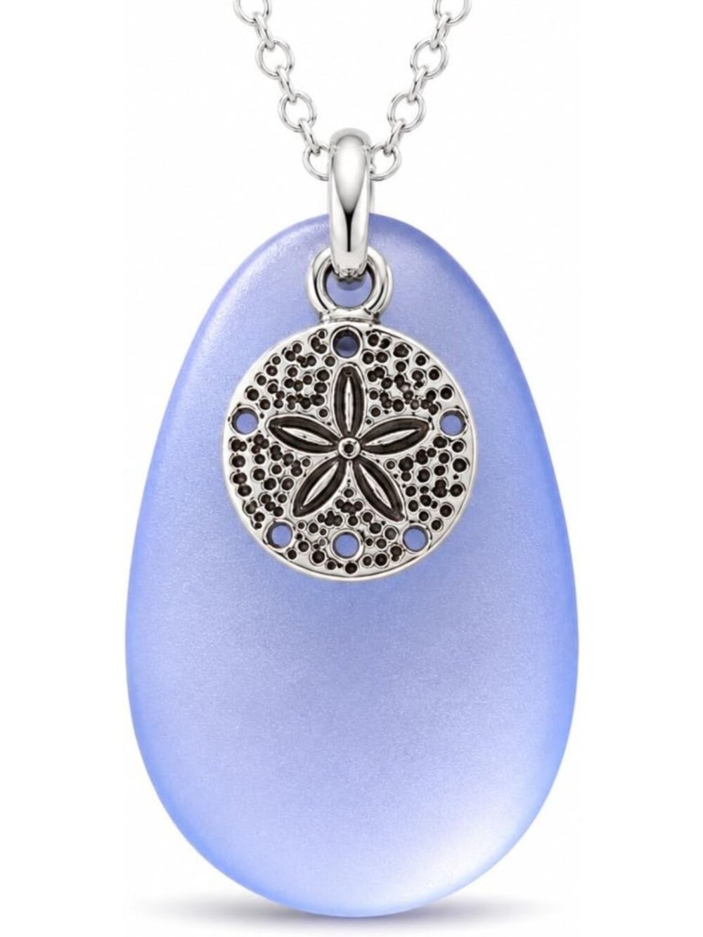Beach-Inspired Sterling Silver Sand Dollar Necklace with Blue Sea Glass
